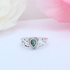 Teardrop Pear Abalone Celtic Filigree Antique Vintage Style Oxidized Ring Solid 925 Sterling Silver