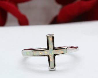 Sideways Cross Ring: Created White Opal, Sterling Silver