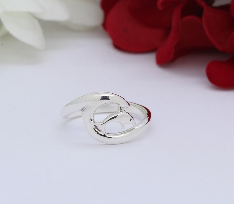 Dolphin Wave Band Ring Ocean Summer Wave Ring Solid 925 Sterling Silver 11mm Dolphin Wave Wave Band
