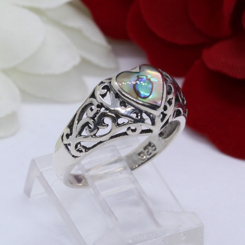 Heart Simulated Abalone Ring Solid 925 Sterling Silver Antique Vintage Style Filigree Heart Filigree