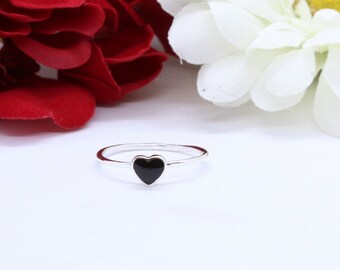 Dainty 6mm Heart Ring, Simulated Black Onyx, Sterling Silver Promise Ring