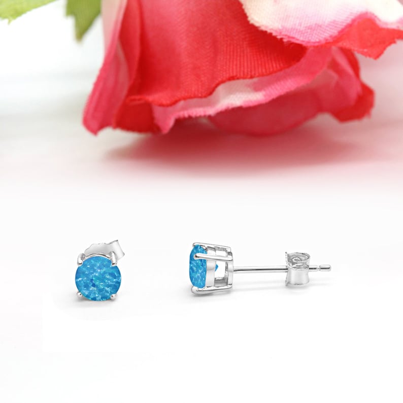 3mm-10mm Round Solid 925 Sterling Silver Solitaire Stud Post Earrings Round Simulated Blue Opal