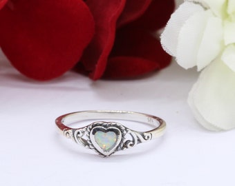 6mm Petite Dainty Heart Lab White Opal Ring Solid 925 Sterling Silver Solitaire, Promise Ring, Heart Ring, Love Ring, Gift Oxidized Filigree