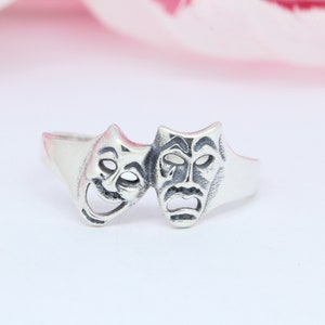 9mm Petite Dainty Theater Mask Smile Now Cry Later Ring Band Solid 925 Sterling Silver Thumb Ring