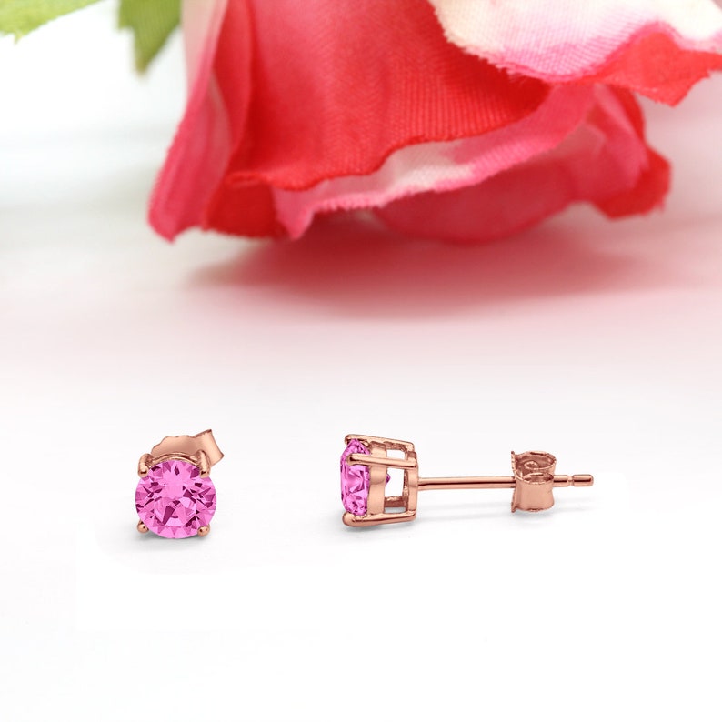 3mm-10mm Round Rose Gold Solid 925 Sterling Silver Solitaire Stud Post Earrings Round Pink CZ