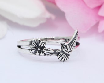 Hummingbird Flower Ring Band 925 Sterling Silver Oxidized Flower Jewelry  Thumb Ring