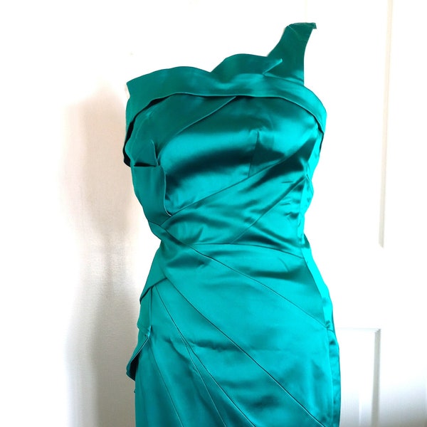 Vintage Karen Millen Emerald Green Sateen1950's Inspired Party/Occasion Wiggle Dress! UK 10