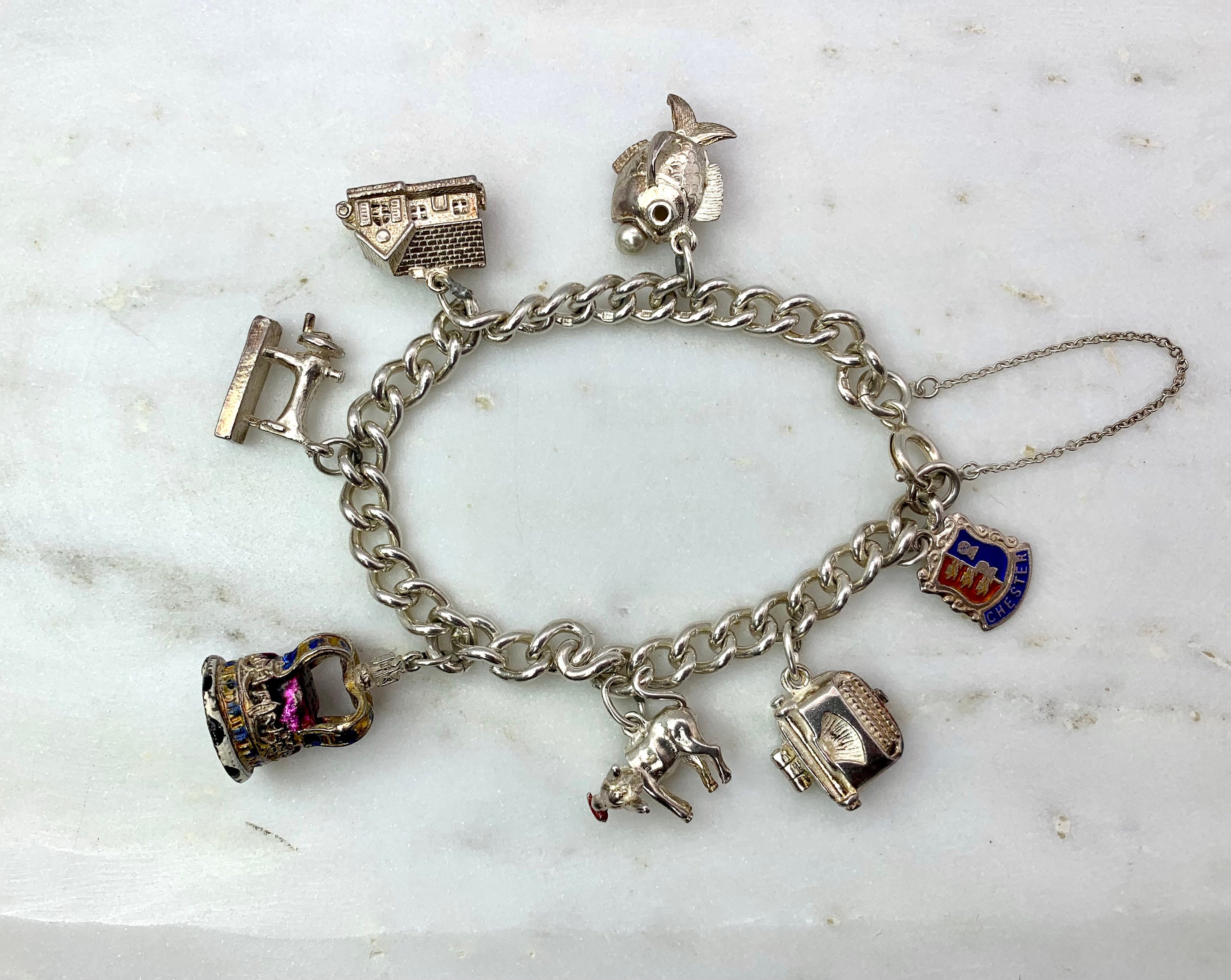 Vintage 1960s Sterling Silver Charm Bracelet With 29 Charms 