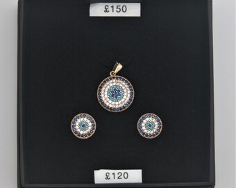18ct Yellow Gold Pendant & Earing Set With Coloured Stones. Can Be Sold Separately (Chain not included in price)