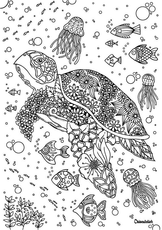 turtle flowers printable coloring pages printable adult etsy