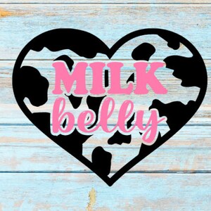 May include: Two black and white cow print heart-shaped designs with the text "MILK belly" in pink and blue. The text "BUY 2 GET 1 FREE" is at the top of the image. The text "ADD 3 ITEMS TO CART USE COUPON CODE 1FREE" is at the bottom of the image.
