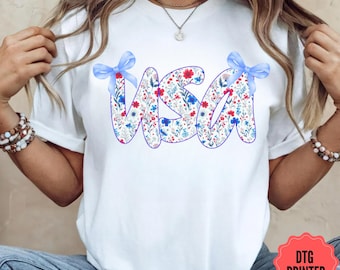 Maglietta con fiocco floreale USA: maglietta grafica patriottica Coquette