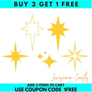 May include: Five yellow starburst shapes with a white background. The text "BUY 2 GET 1 FREE" is at the top of the image. The text "Lonisiana Crafty" is at the bottom of the image. The text "ADD 3 ITEMS TO CART" is below the text "Lonisiana Crafty". The text "USE COUPON CODE 1FREE" is below the text "ADD 3 ITEMS TO CART".