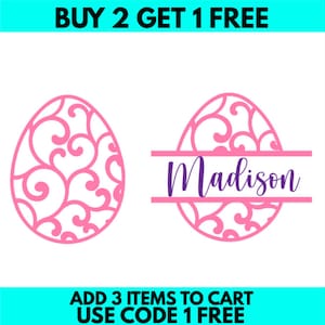 Peut inclure: Deux motifs d'œufs de Pâques roses, l'un avec un motif en spirale et l'autre avec le nom "Madison" en texte violet. Le texte "ACHETEZ 2, OBTENEZ 1 GRATUIT" est en haut de l'image et le texte "AJOUTER 3 ARTICLES AU PANIER UTILISER LE CODE 1 GRATUIT" est en bas.