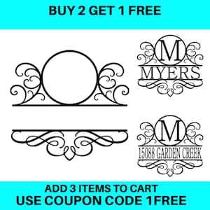 Puede incluir: Un diseño digital para un monograma con un diseño de desplazamiento decorativo. El diseño presenta un círculo con una letra "M" dentro, seguido del nombre "MYERS". El segundo diseño presenta un círculo con una letra "M" dentro, seguido de la dirección "15088 GARDEN CREEK". El texto "COMPRA 2, LLEVA 1 GRATIS" y "AÑADE 3 ARTÍCULOS AL CARRITO UTILIZA EL CÓDIGO DE CUPÓN 1FREE" también se incluye en la imagen.