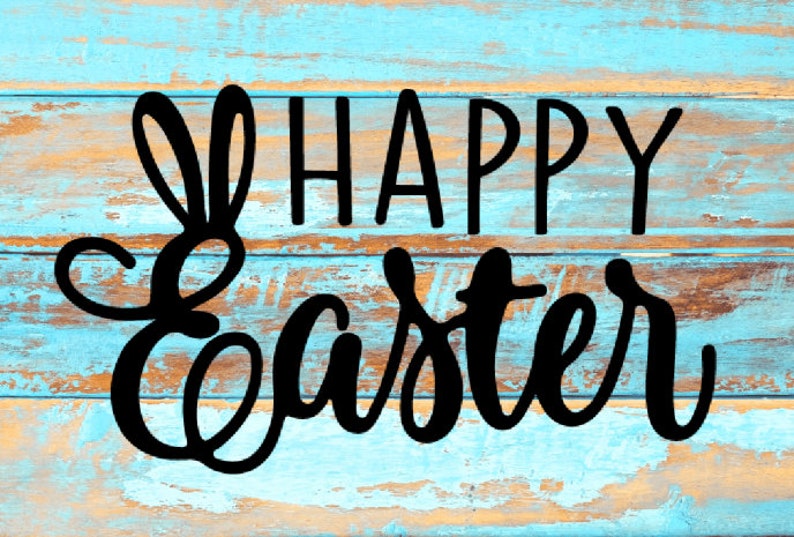 May include: Happy Easter greeting on a blue and brown wood background with a bunny ear design.