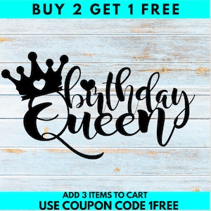 May include: Black and white graphic design of a crown with hearts and the text "Birthday Queen".