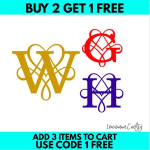 Op de afbeelding: Drie decoratieve letters, W, G en H, met een hartvormig ontwerp en sierlijke krulletjes. De letters zijn goud, rood en blauw. De afbeelding bevat de tekst "BUY 2 GET 1 FREE" en "ADD 3 ITEMS TO CART USE CODE 1 FREE".