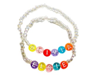 Customizable Name Stretch Bracelets for Girls|Rainbow Name Seed Bead Bracelets|Gifts for Girls| Rainbow Stretch Bead Bracelets