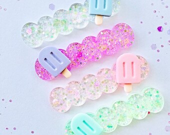 Popsicle Scalloped Hair Clips| Summer Hair Clips for Girls| Ice Cream Hair Clips| Glitter Hair Clip| Gifts for Girls| Resin Hair Clips