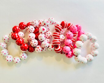 Girl’s Bubblegum Bracelets | Wood Bead Heart Bracelets | Heart Bracelets | Valentines Bracelets