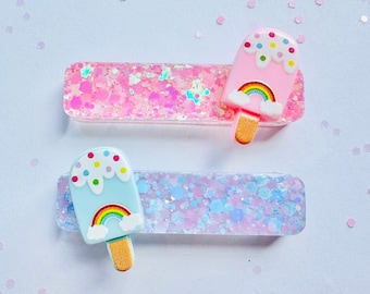 Girls Summer Popsicle Hair Clips| Summer Hair Clips for Girls| Ice Cream Hair Clips| Glitter Hair Clip| Gifts for Girls| Resin Hair Clips