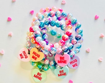 Girl’s Conversation Heart Bracelets | Tie Dye Bead Heart Bracelets | Gifts for Girls | Valentines Bracelets