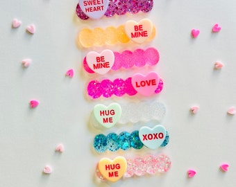 Valentine’s Day Hair Clips for Girls|Conversation Heart Hair Clips| Valentine’s Gifts for Girls| Resin Hair Clip| Glitter Hair Clip