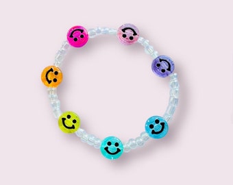 Smiley Face Seed Bead Stretch Bracelet: Colorful Stacking Bracelet