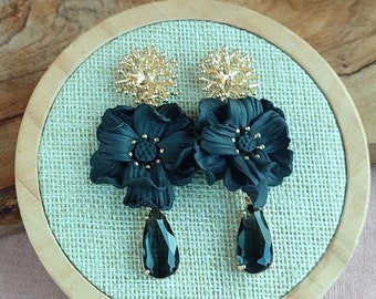Black Statement Dangle Earrings; Party Earrings; Gold and Black Earrings; Clay Earrings; Flower Earrings; Gift for her; XL Earrings;