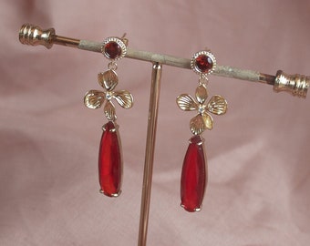 Gold and Red Dangle Earrings; Zirconia earrings; Wedding Jewellery; Party Earrings; Guest Earrings; Gold Earrings; Gift for Her;