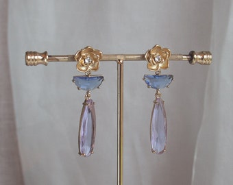 Gold and Violet Dangle Earrings; Zirconia earrings; Wedding Jewellery; Party Earrings; Guest Earrings; Purple Earrings; Gift for Her;