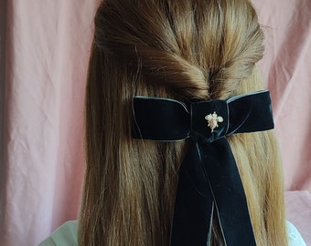 Black Velvet Hair Bow; Hair Acessory; Bee Hair Acessory; Cubic Zirconia stones Hair Clip; Hair Bow Clip; Long Tail Bow; Gift for Her