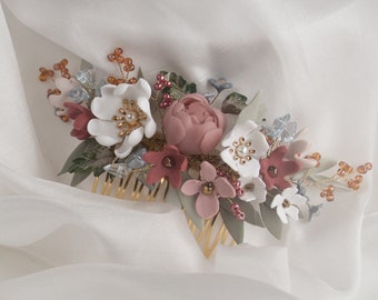 Peigne de mariée floral ; Fleurs en porcelaine faites main ; coiffe de mariée ; Bijoux de mariage ; Couronne de mariée ; Diadème de mariée ; Cadeau pour la mariée