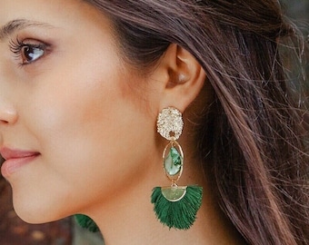 XL Tassel Statement Earrings; Dangle Earrings; Mother Pearl Earrings; Gold Earrings; Party Earrings; Green Earrings; Gift for her