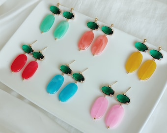 Bright Colors Dangle Earrings; Party Earrings; Wedding Guest Earrings; Gold & Green, Yellow, Pink, Blue, Orange, Red Earrings;Gift for her;