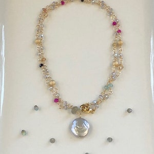 HANDMADE Bead for bead Necklace filled with 14kt gold filled sparklers, brilliant crystals, a tourmaline, and a fresh water pearl drop!!