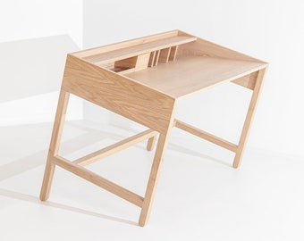 Solid Wood Desk Oak Desk with Shelf for Office Decor - Unique Study Desk with Shelf Minimalist Interior Design - Workstation Work from Home