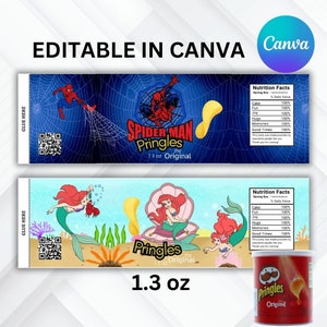 Spiderman and Mermaid Pringles Party Snack Template | DIY Editable In Canva | Party Favors