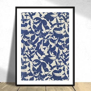 Palomas en blanco y azul / Cartel vintage, Impresión retro, Ilustración antigua, Impresión de patrones, Cartel de aves, Cartel de palomas, Impresión botánica, 5x8