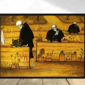 May include: A painting depicting three skeletons tending to a garden. The skeletons are dressed in black robes and are holding gardening tools. The garden is filled with flowers and plants. The painting has a yellow background.