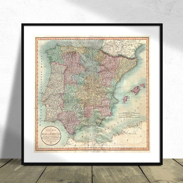 Carte de l'Espagne et du Portugal - John Cary I Square Print, Square Poster, vintage Maps, Espagne and Portugal Map Print, Geography Art, Travel Gift