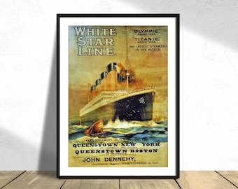 Poster of the White Star Line showing RMS Titanic I Vintage Poster, Travel Print, British Ocean Liner, Ship Poster, The Largest Steamer