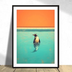 Pinguin im Schwimmbad 2 | Grafische Kunst, Pinguin Poster, Bunter Druck, RetroArt, Lustiges Poster, Abstrakte Pinguin Kunst, Vintage Poster
