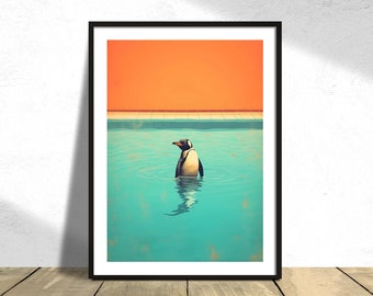 Penguin in the swimming pool 2 | Graphic Art, Penguin Poster, Colourful Print, RetroArt, Funny Poster, Abstract Penguin Art, Vintage Poster