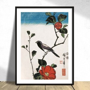 Uccello giapponese sul ramo di camelia - Utagawa Hiroshige / Ukiyo-e Poster, Stampa vintage, Arte retrò, Natura giapponese, Poster di uccelli, Stampa floreale