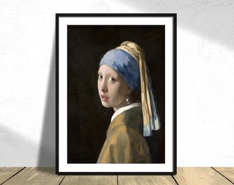 May include: A painting of a young woman wearing a blue and yellow headscarf with a pearl earring. The woman is looking to the left of the viewer. The background is dark.