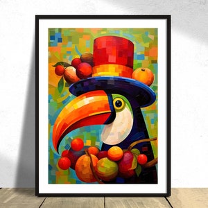 Toucan With Fruit Hat | Graphic Art, Toucan Poster, Colourful Print, Summer Poster, Tropical Print, Picasso Style Poster, Fruit Hat Print
