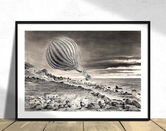 Descent of the balloon Neptune in the cliffs of Cap Gris-Nez baloon trip in Calais - Albert Tissandier | Vintage Poster Retro Print, Old Dec
