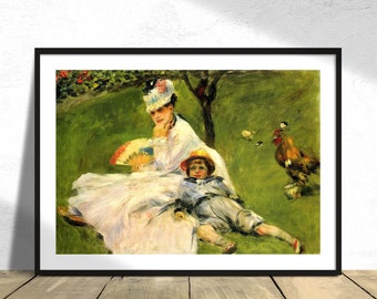 Camille Monet and Her Son Jean in the Garden at Argenteuil 1874 - Pierre-Auguste Renoir | Vintage Poster, Old Illustration, Reproduction